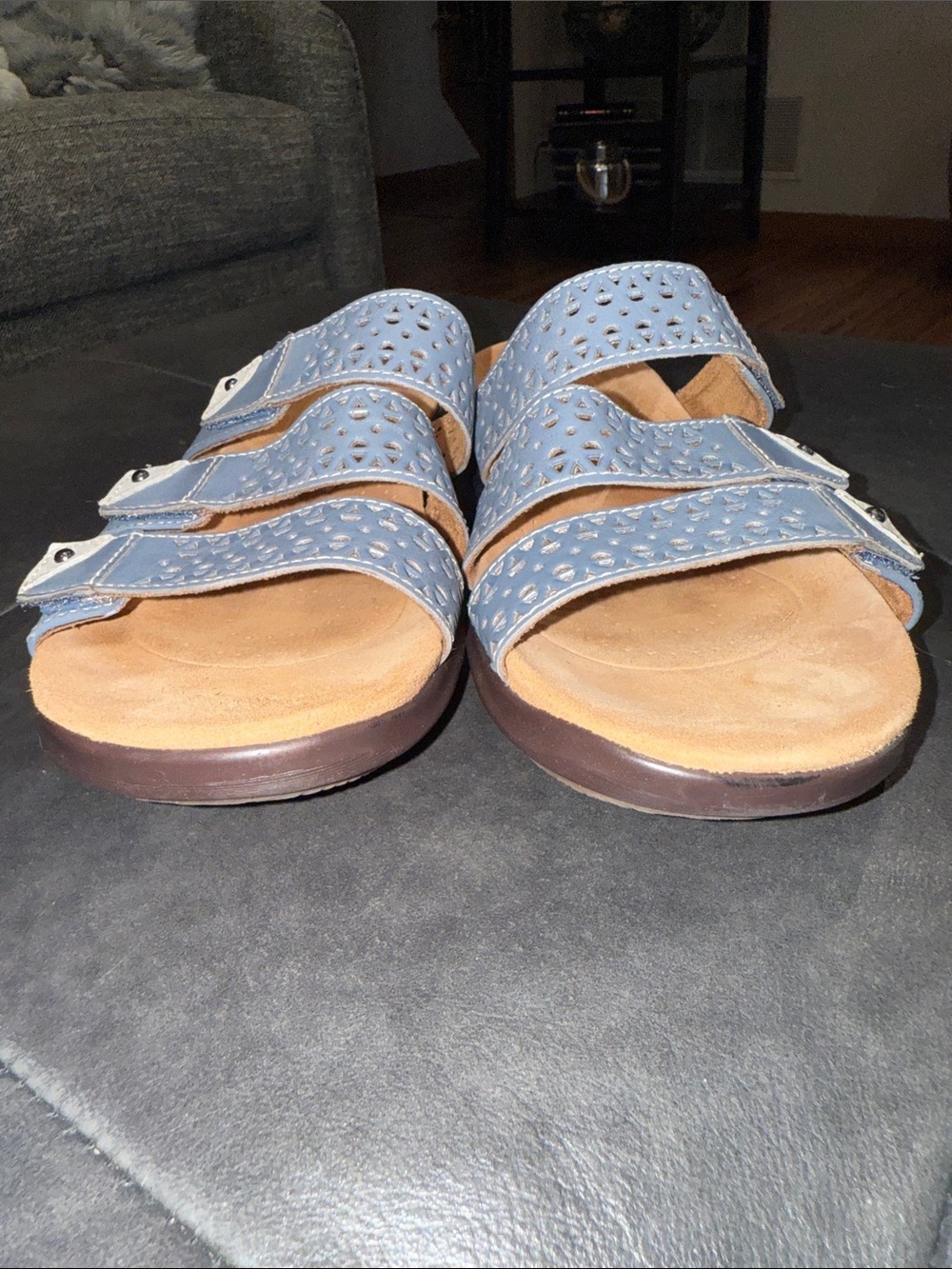 Clarks Women's Kitly Walk Light Blue Triple-Strap Laser-Cut Slide Sandals - Picture 8 of 13